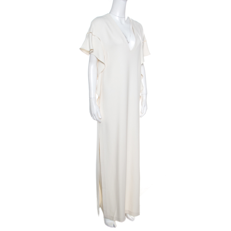 

Elie Saab Off White Ladder Lace Ruffled Sleeve Slit Detail Dress