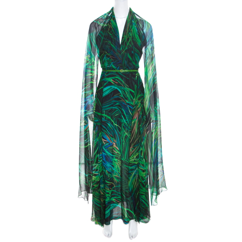 Elie Saab Green Palm Printed Silk Overlap Neckline Detail Cape Style Maxi Dress XS