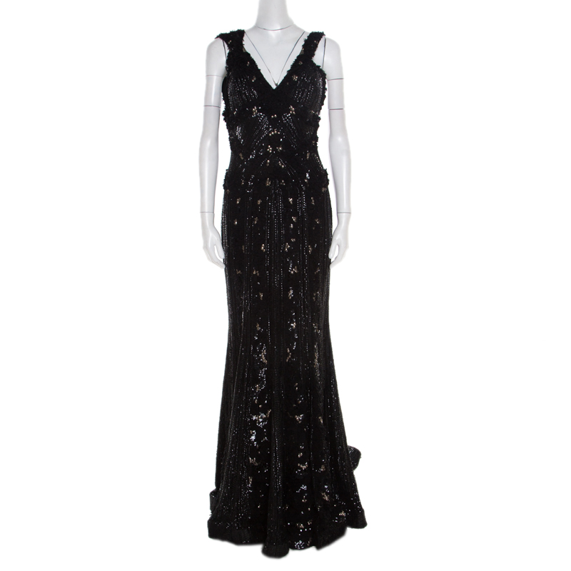 Pre Owned Elie Saab Black Embellished Silk Petal Applique Detail Sleeveless Gown L