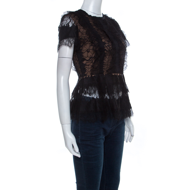 

Elie Saab Black Lace Short Sleeve Peplum Top