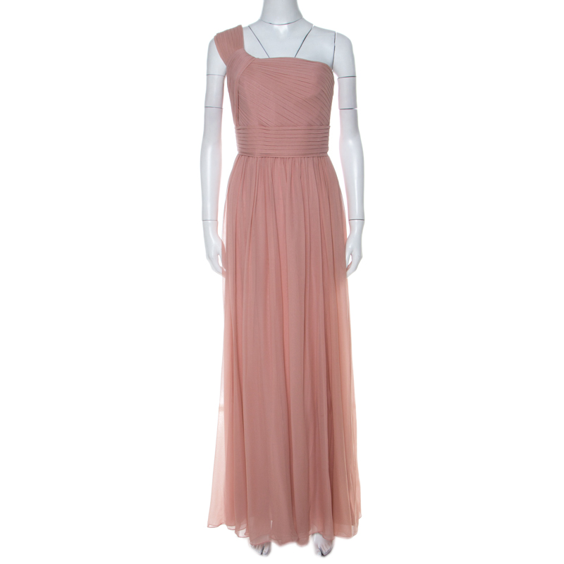 Elie Saab Dusty Pink Silk Chiffon Pleated Bodice One Shoulder Gown S ...