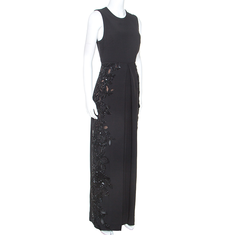 

Elie Saab Black Crepe Tulle Embellished Sleeveless Maxi Gown