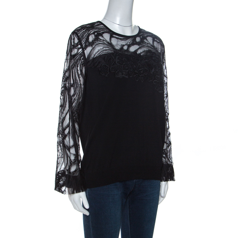 

Elie Saab Black Knit Lace Trim Detail Top