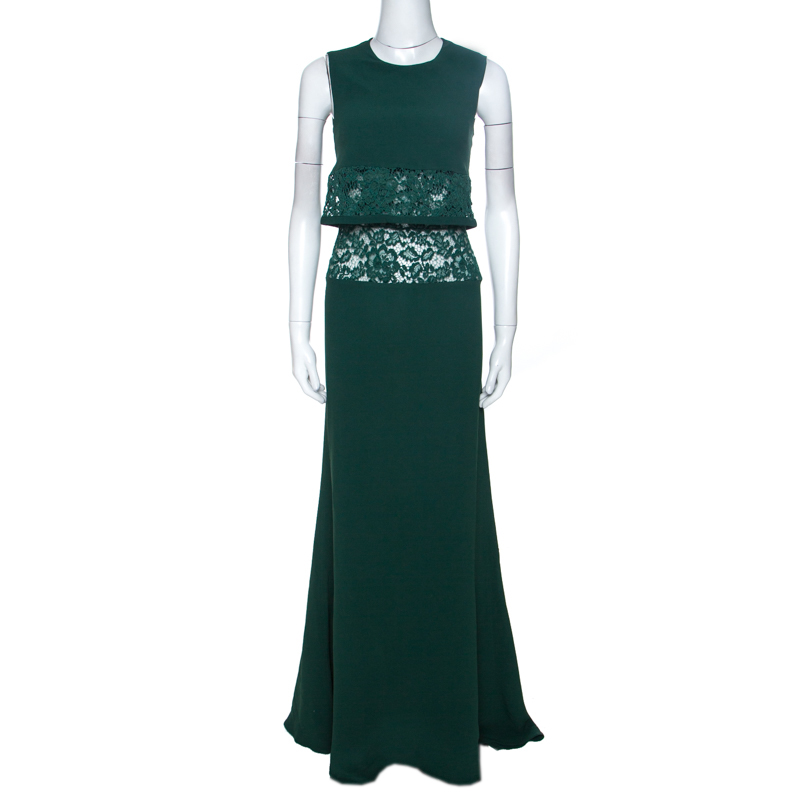 

Elie Saab Green Crepe Lace Insert Sleeveless Maxi Dress