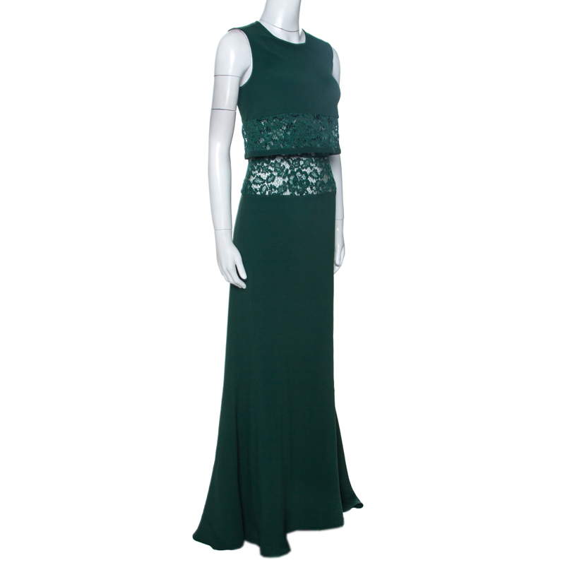Pre-owned Elie Saab Green Crepe Lace Insert Sleeveless Maxi Dress Xs