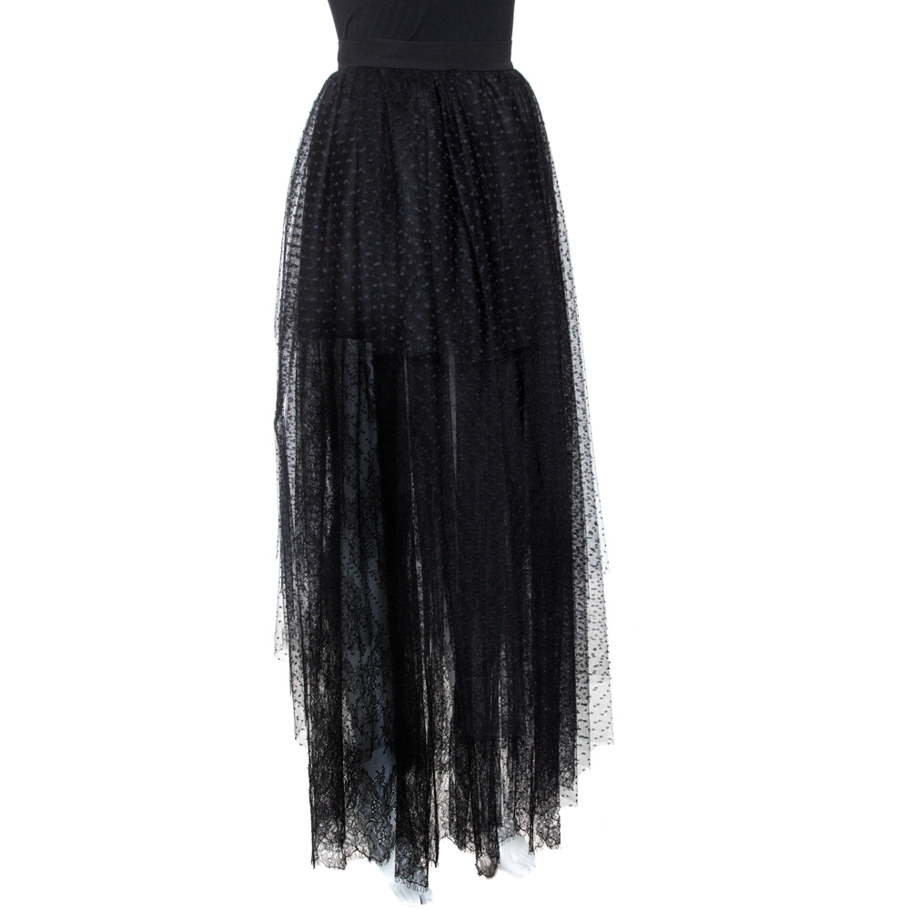 

Elie Saab Black Plumetis Tulle Lace Trim Tiered Maxi Skirt