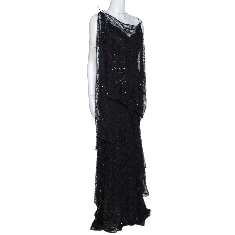 

Elie Saab Vintage Black Lace Sequin Embellished Layered Gown