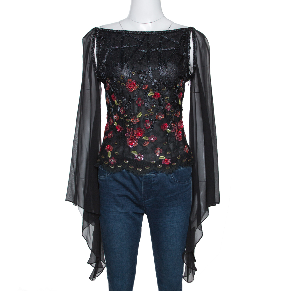 Elie Saab Black Embellished Lace Sheer Sleeve Blouse S