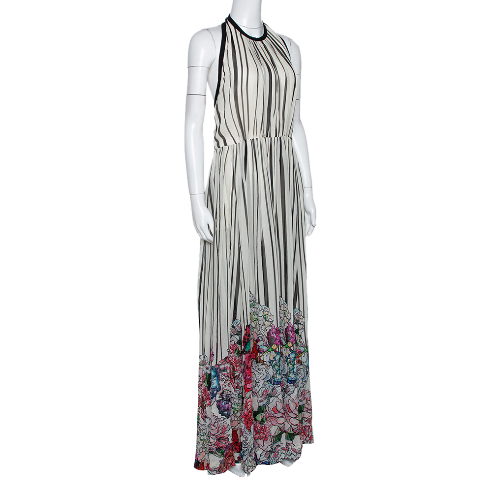 

Elie Saab Monochrome Striped Silk Floral Print Halter Maxi Dress, White