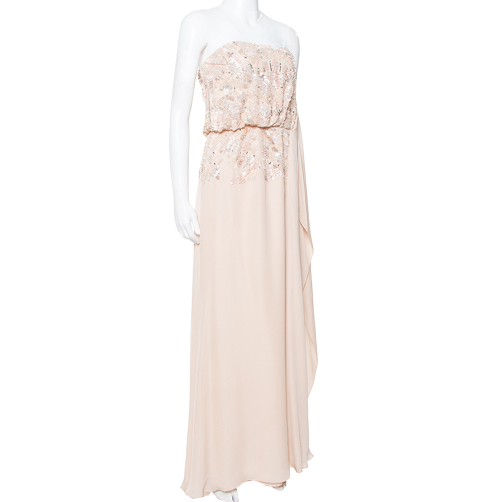 

Elie Saab Cream Silk Embellished Draped Strapless Dress