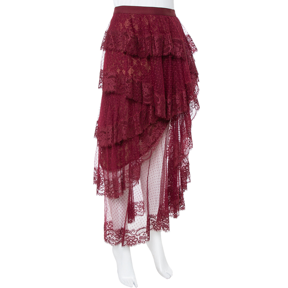 

Elie Saab Burgundy Plumetis Tulle Tiered & Ruffled Skirt