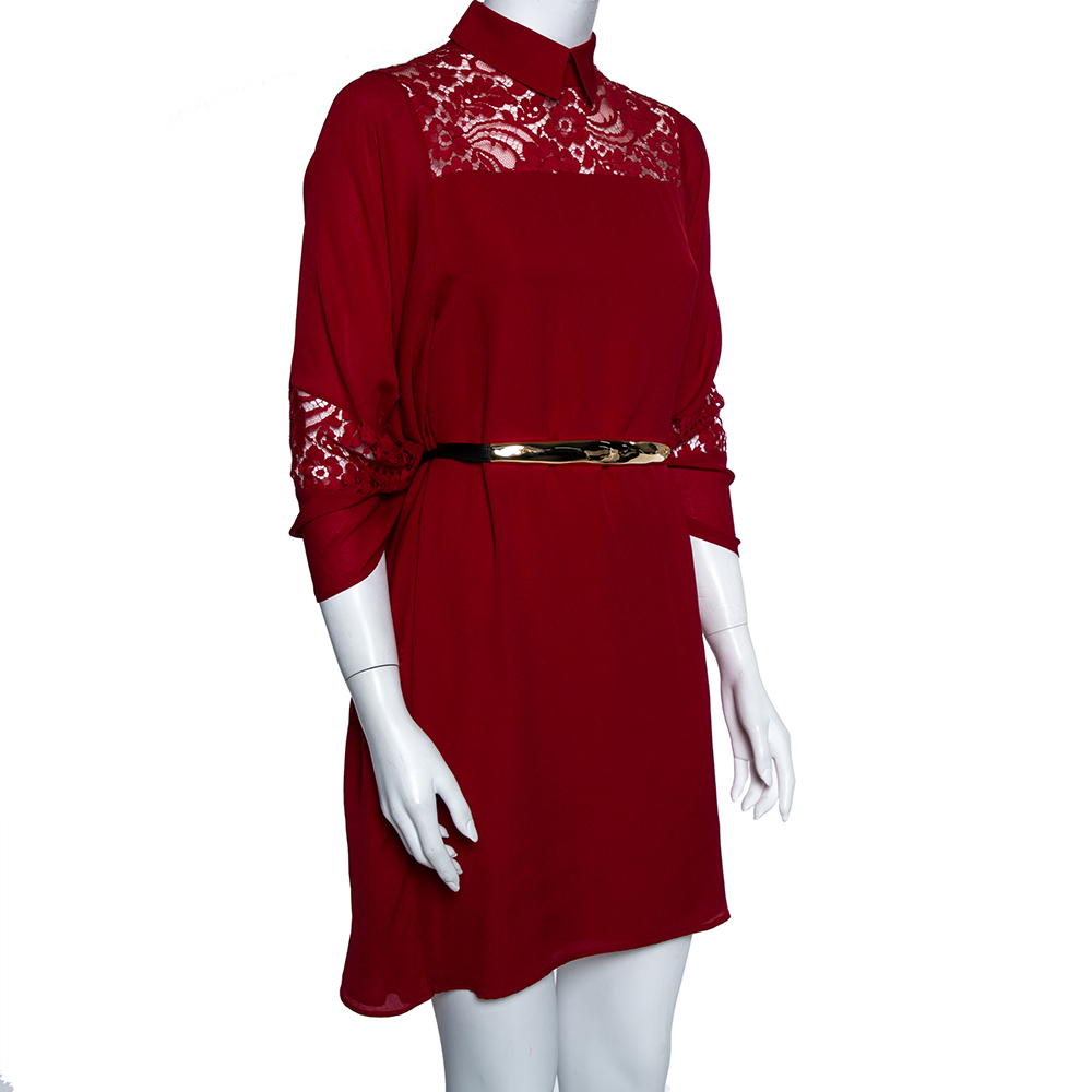 

Elie Saab Red Silk & Lace Butterfly Sleeve Detail Belted Shift Dress