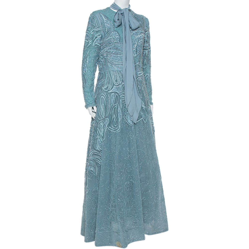 

Elie Saab Blue Sequin Embellished Tulle Neck Tie Detail Evening Gown