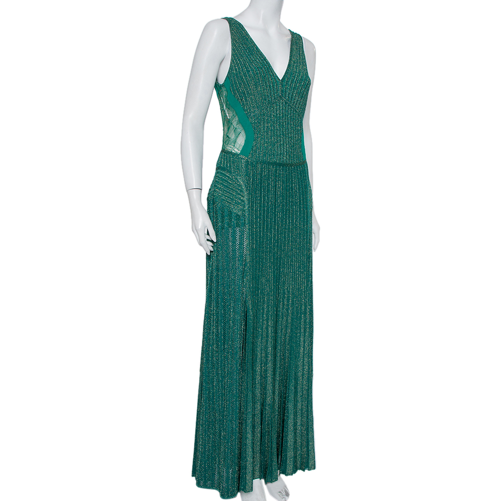 

Elie Saab Green Lurex Knit Lace Trim Detail Paneled Maxi Dress