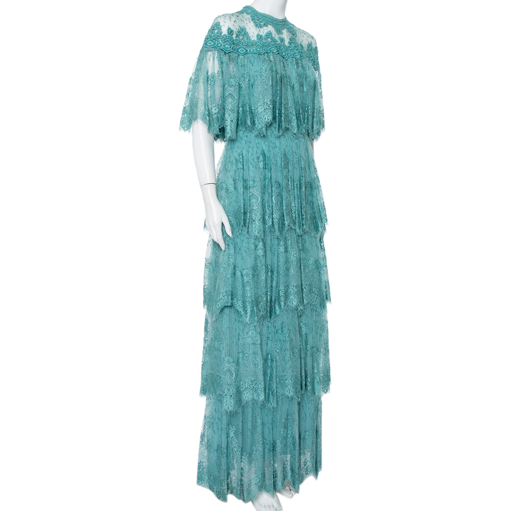 

Elie Saab Turquoise Blue Embroidered Lace Overlay Detail Tiered Maxi Dress