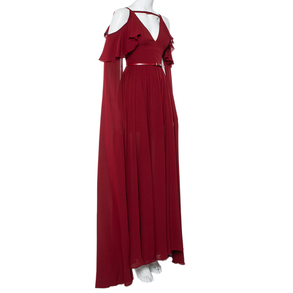 

Elie Saab Burgundy Silk Cape Sleeve Detail Cold Shoulder Belted Ruffled Gown