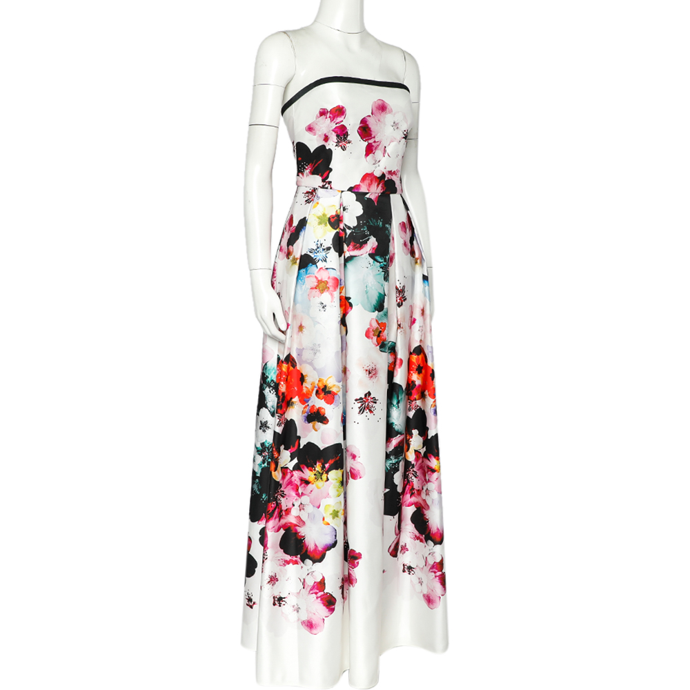 

Elie Saab White Floral Printed Sateen Strapless Evening Gown