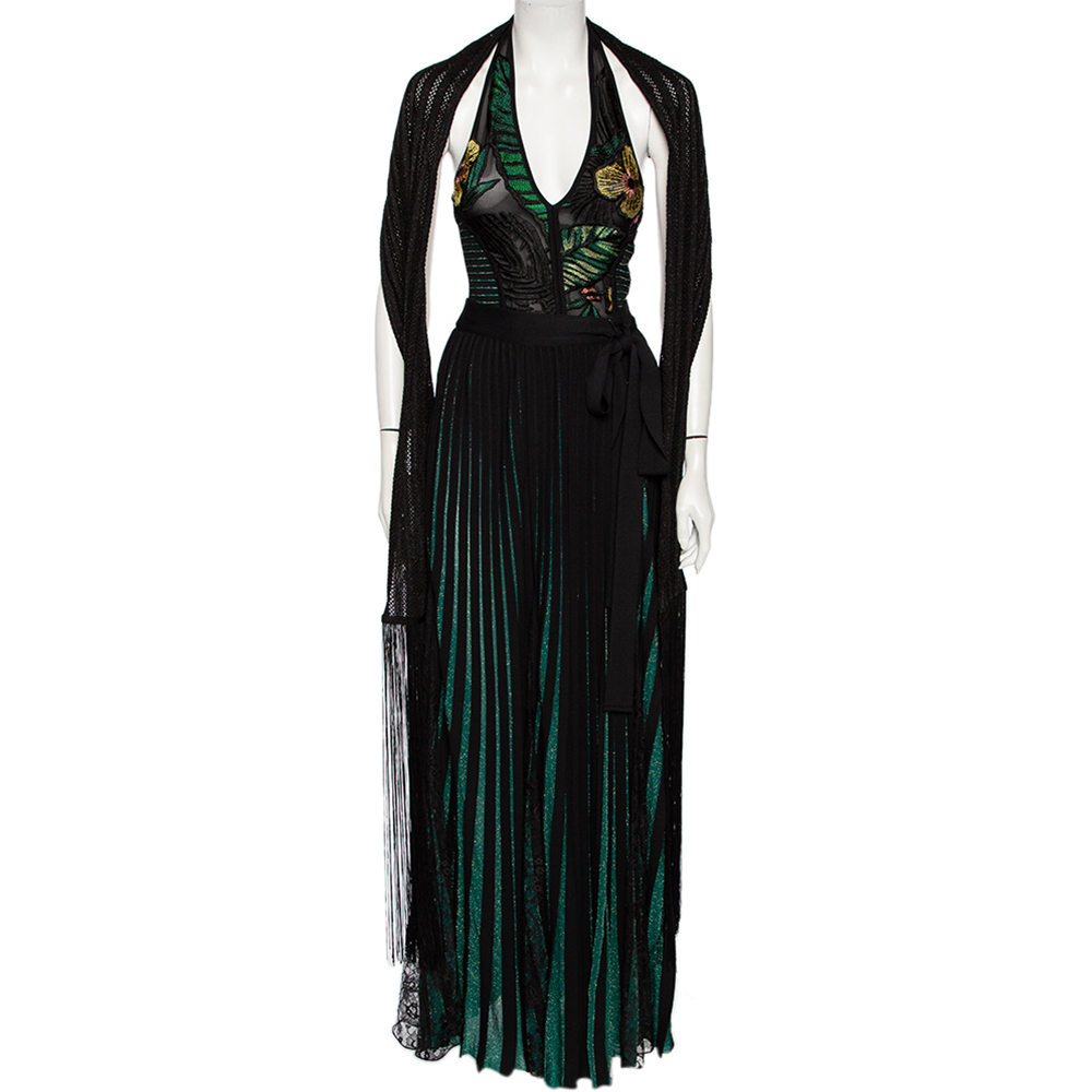 

Elie Saab Green Embroidered Lurex Knit & Lace Trim Body Suit & Skirt Set