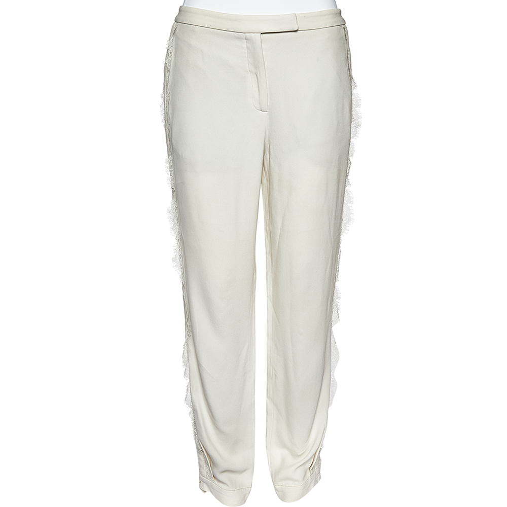 

Elie Saab White Crepe & Lace Trim Trousers