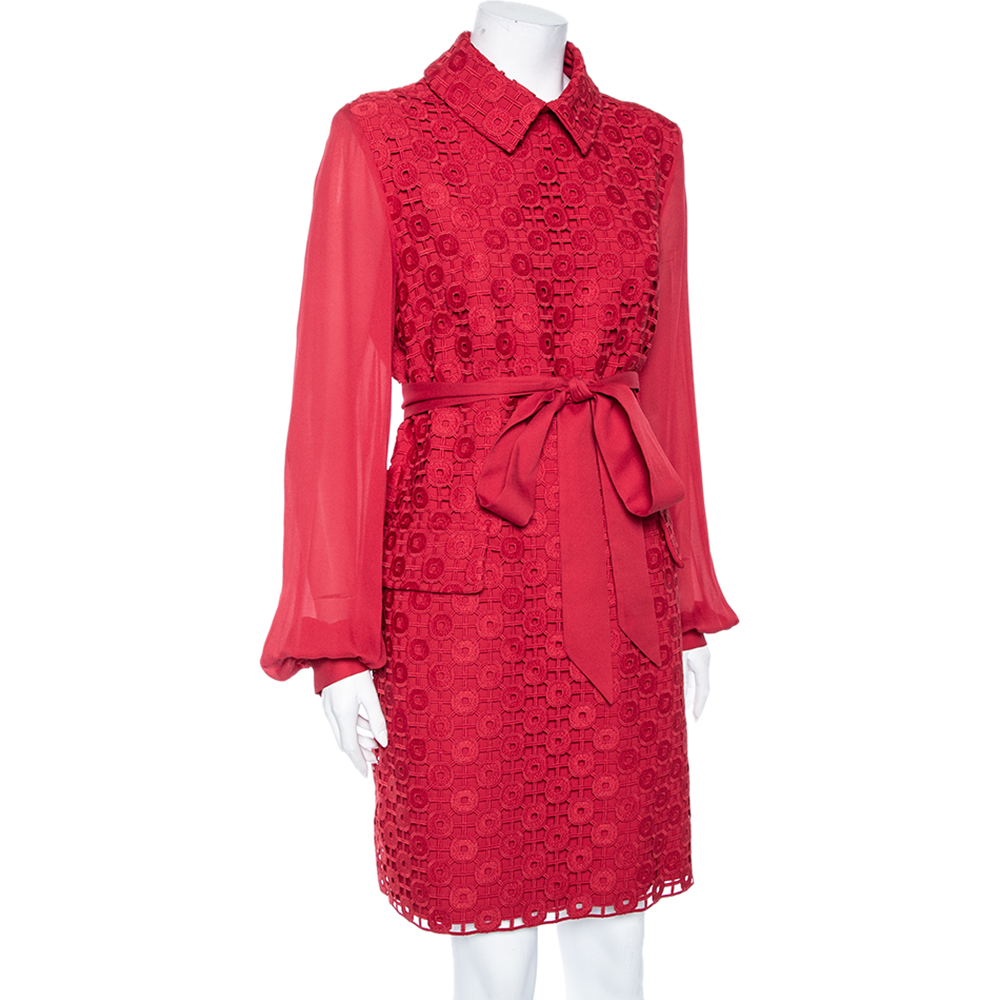 

Elie Saab Red Lace Collared Shift Dress