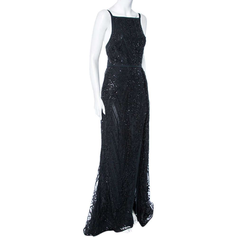

Elie Saab Black Sequin Embellished Tulle High Slit Trail Detail Evening Gown