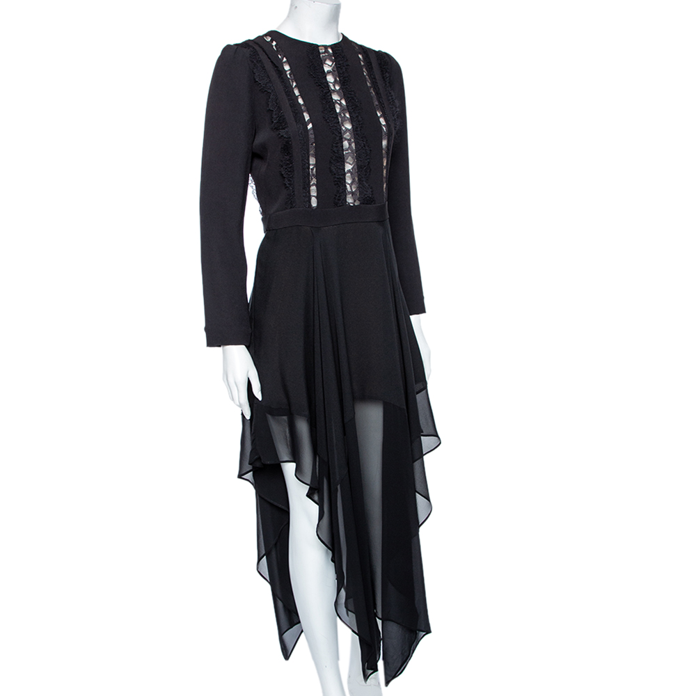 

Elie Saab Black Crepe & Lace Trimmed Asymmetrical Hem Midi Dress
