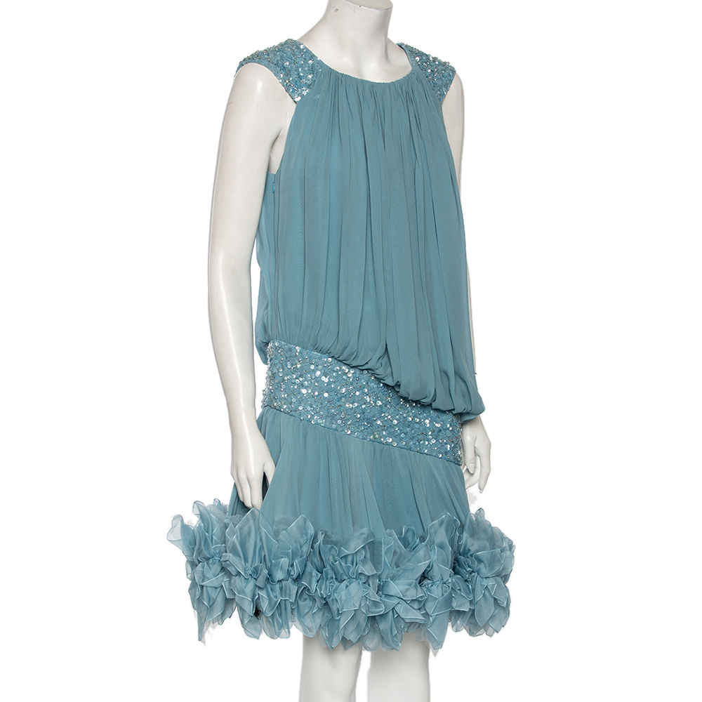 

Elie Saab Blue Sequin Embellished Silk Ruffled Short Dress