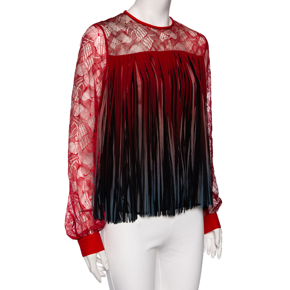 

Elie Saab Red Ombre Lace & Fringed Overlay Long Sleeve Top