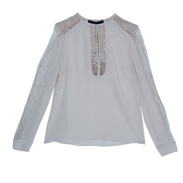 Pre Owned Elie Saab Cream Silk Lace-Detailed Tunic L