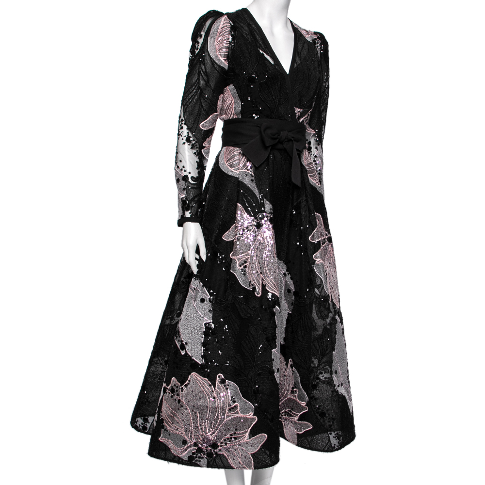 

Elie Saab Black & Pink Floral Embroidered Tulle Embellished Belted Gown