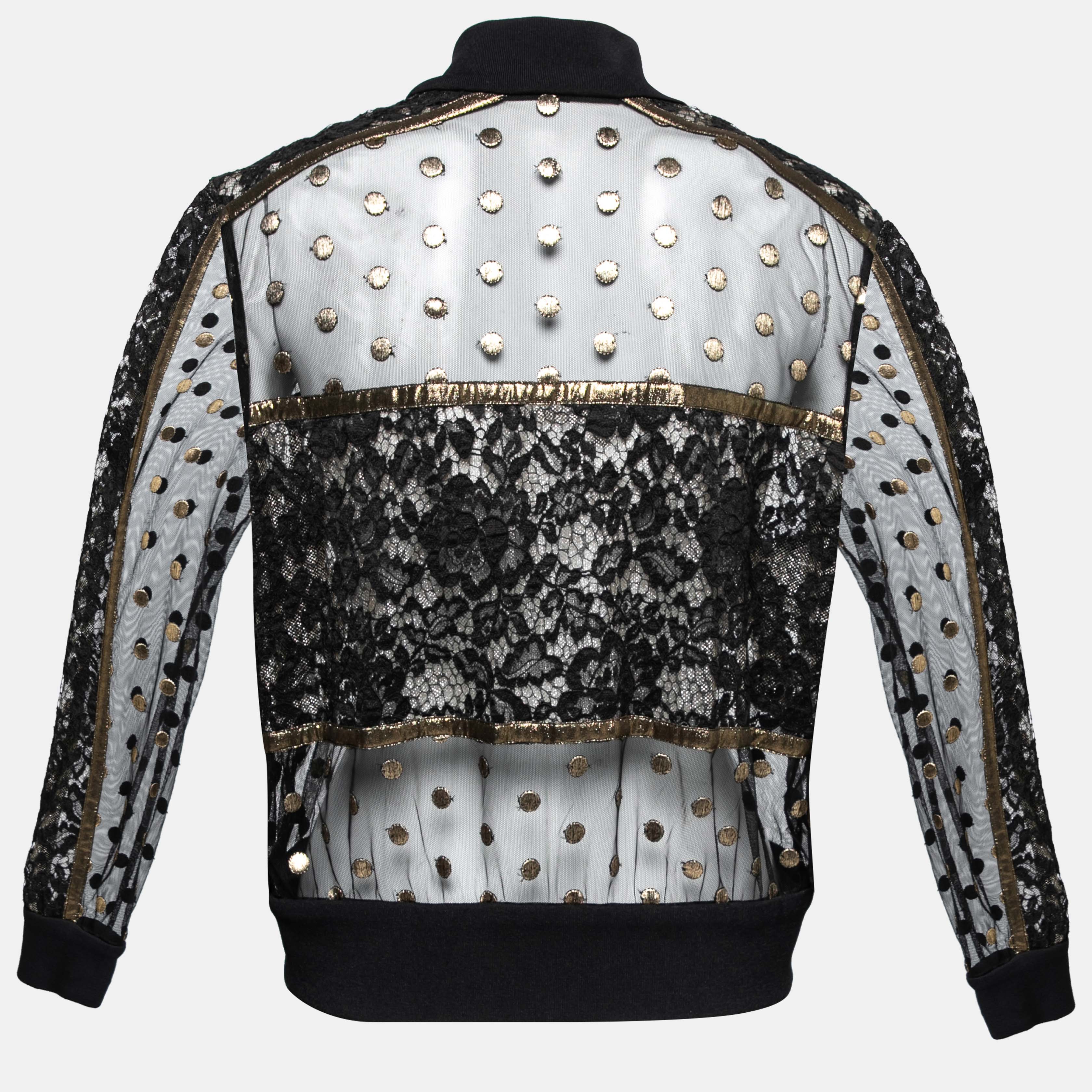 

Elie Saab Black & Gold Embroidered Tulle & Lace Inset Bomber Jacket