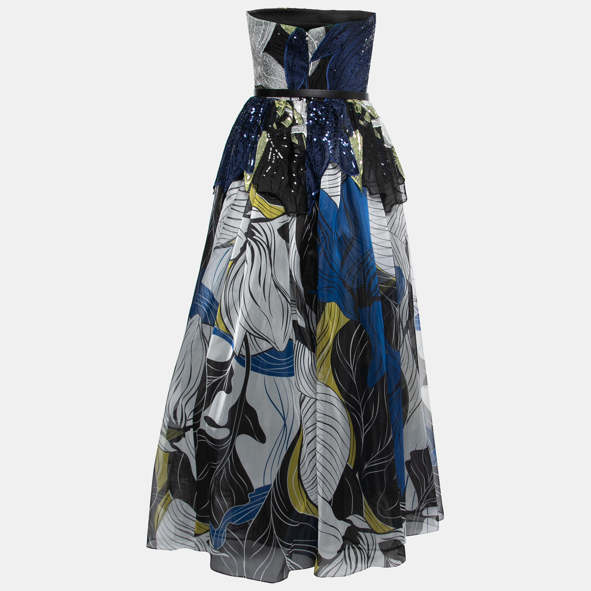 

Elie Saab Blue & Black Sequin Embellished Organza Strapless Gown Dress