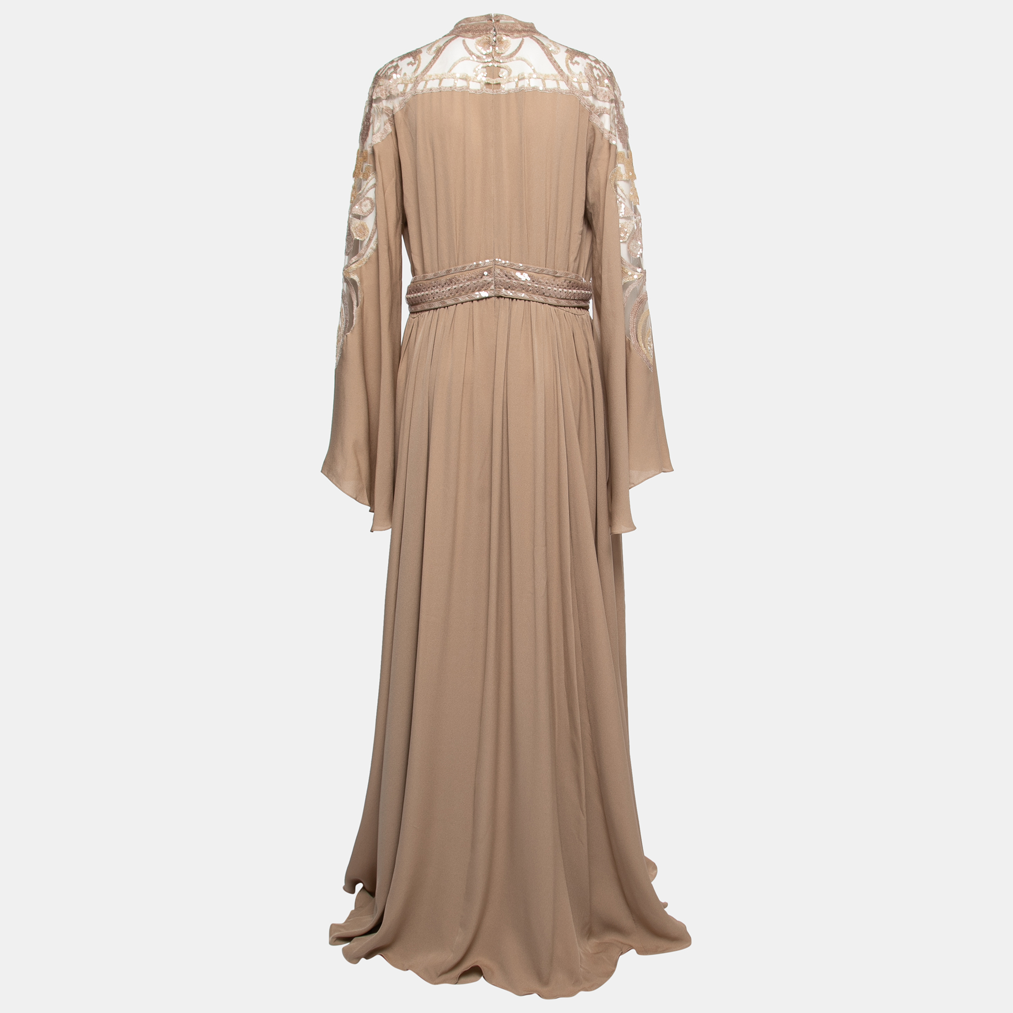 

Elie Saab Taupe Brown Embroidered Silk Maxi Dress