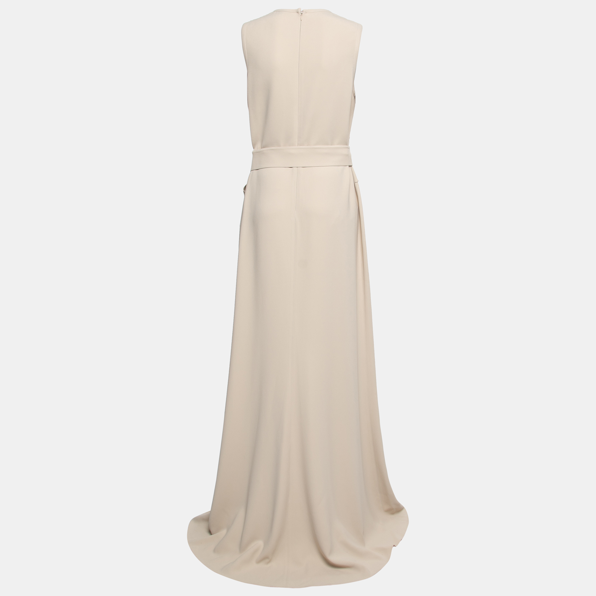 

Elie Saab Cream Crepe & Sequin Embellished Tulle Sleeveless Belted Dress