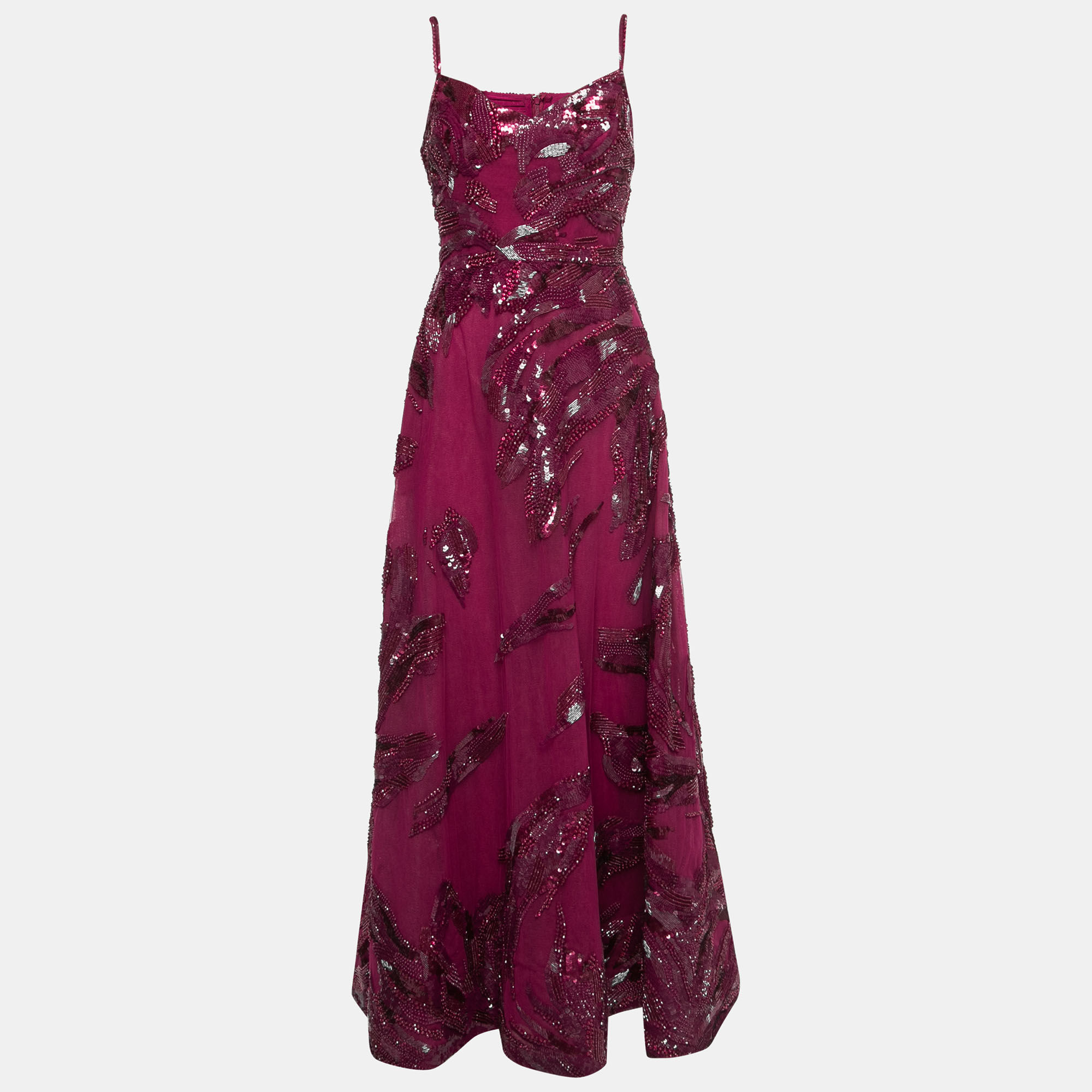 Elie Saab Red Sequin Embellished Tulle Gown S
