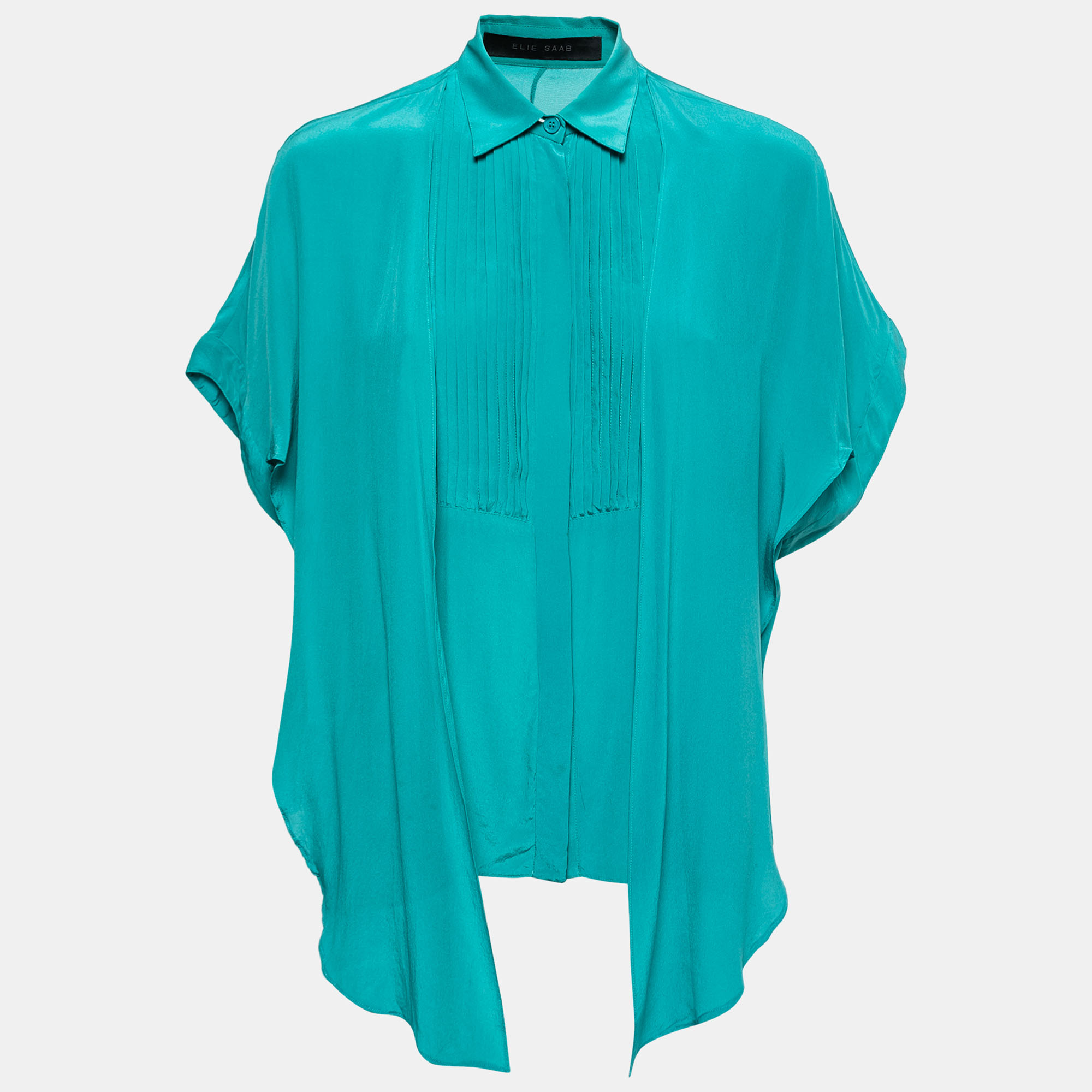 Pre-owned Elie Saab Green Crepe Silk Ruffled Overlay Shirt S