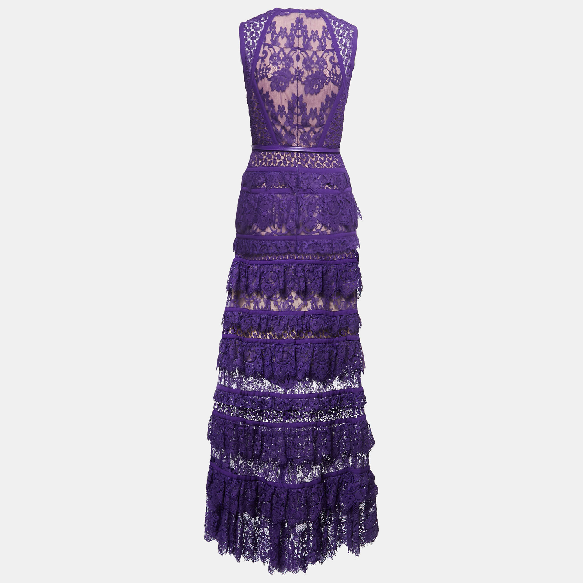 

Elie Saab Purple Silk Trim Tiered Floral Lace Long Dress