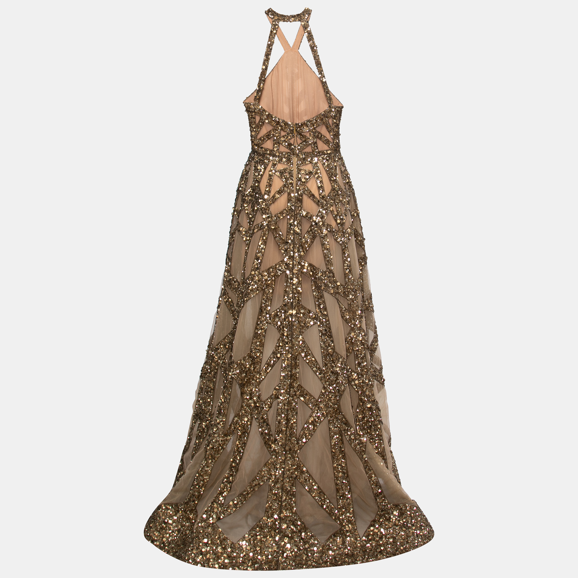 

Elie Saab Beige Sequin Embellished Tulle Halter Neck Gown