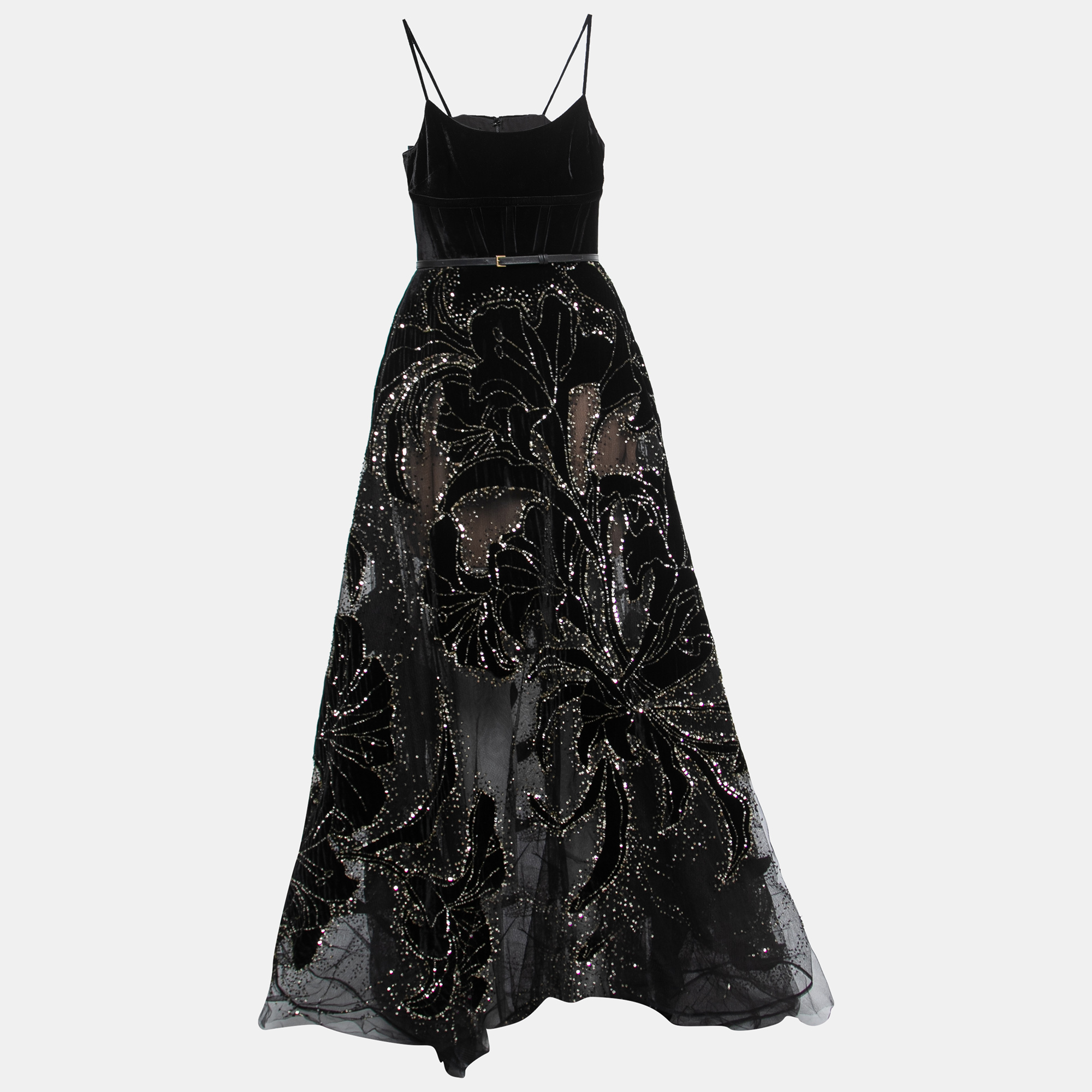 Elie Saab Black Sequin Embellished Velvet and Tulle Strap Gown S