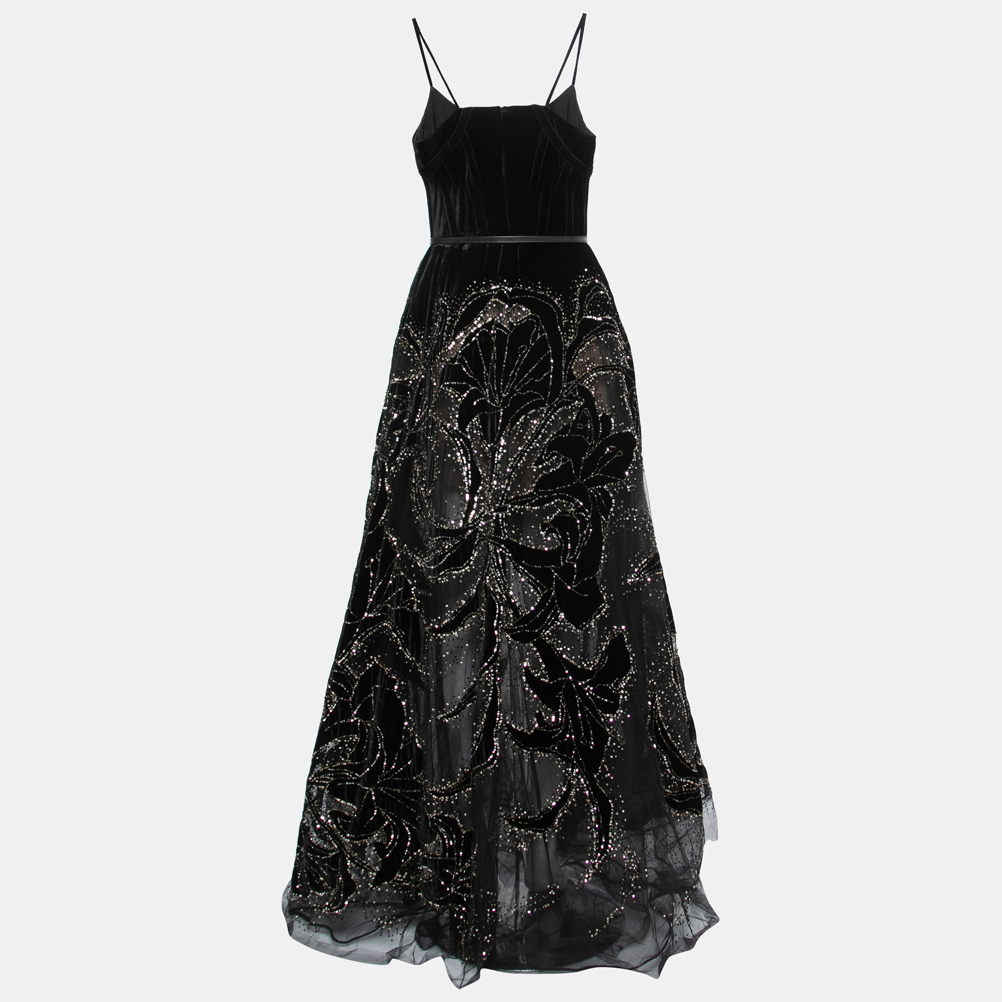 

Elie Saab Black Sequin Embellished Velvet and Tulle Strap Gown