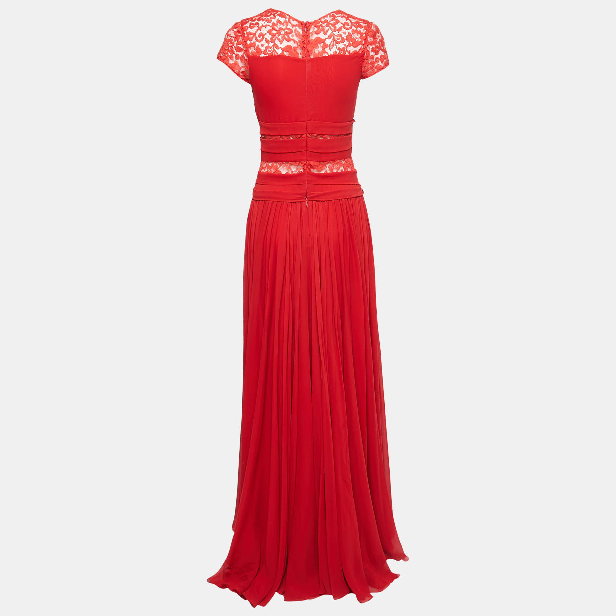 

Elie Saab Red Silk Blend Lace Trimmed Long Dress