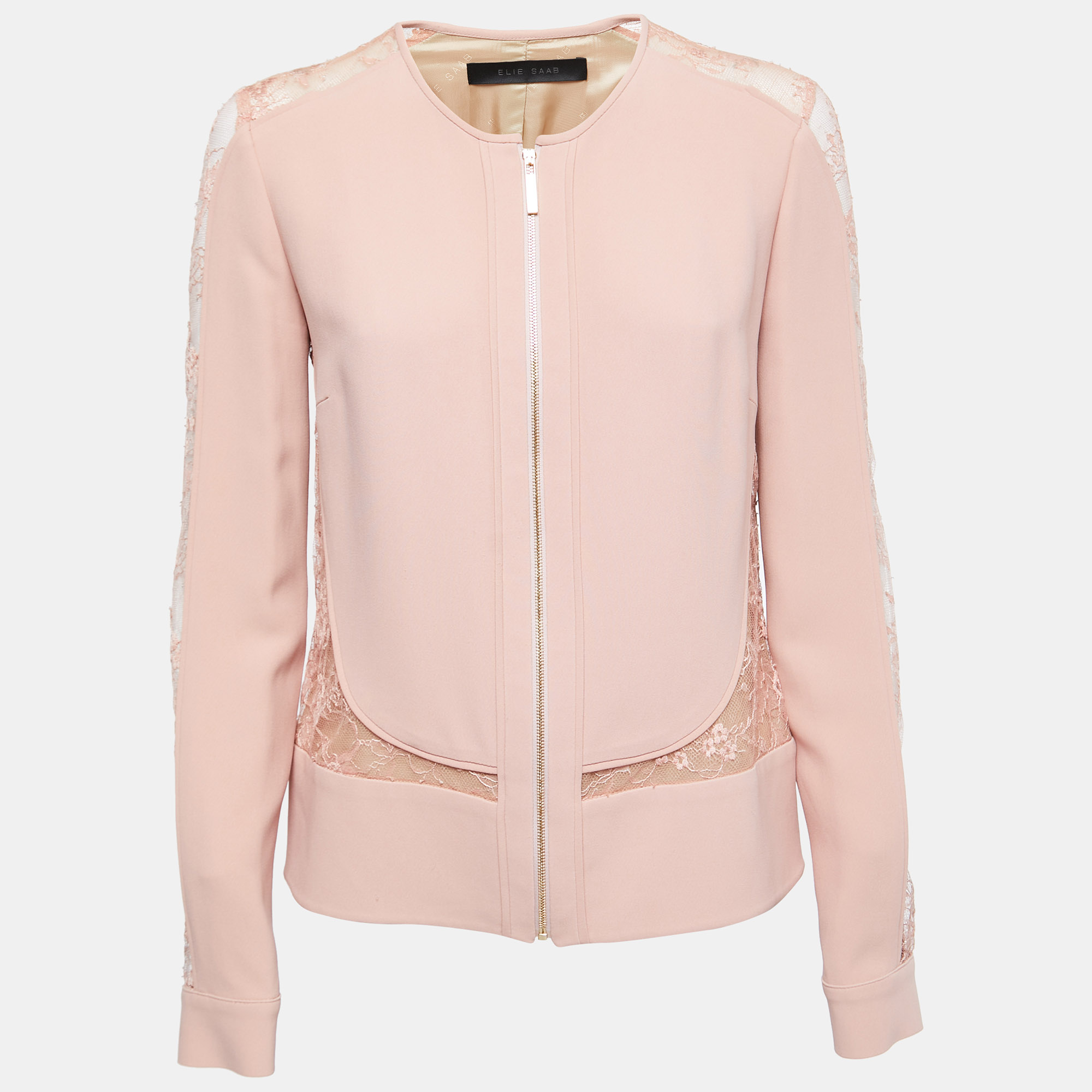 

Elie Saab Dusty Pink Crepe Lace Trimmed Zip Front Full Sleeve Top