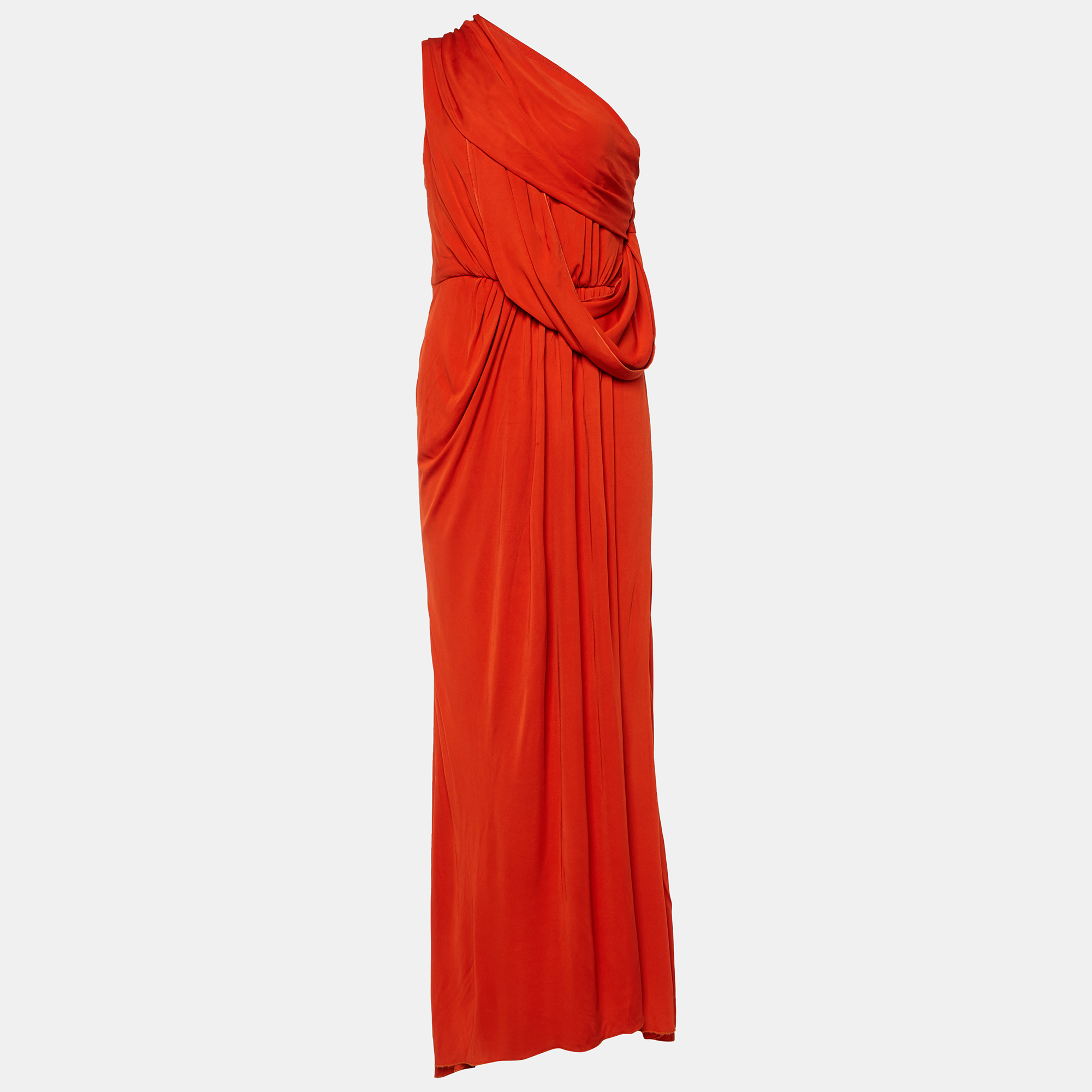 Pre-owned Elie Saab Tangerine Orange Jersey Draped One Shoulder Gown M