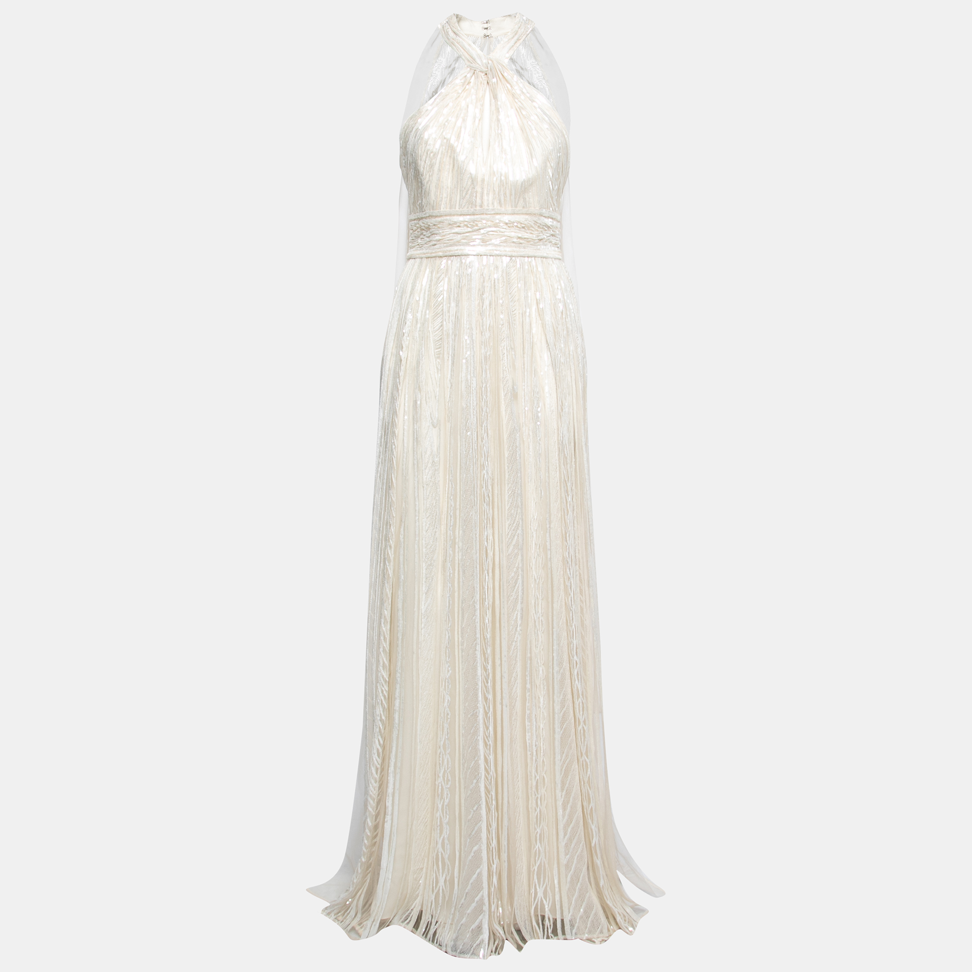 

Elie Saab White Sequins Embellished Halter Neck Long Dress M