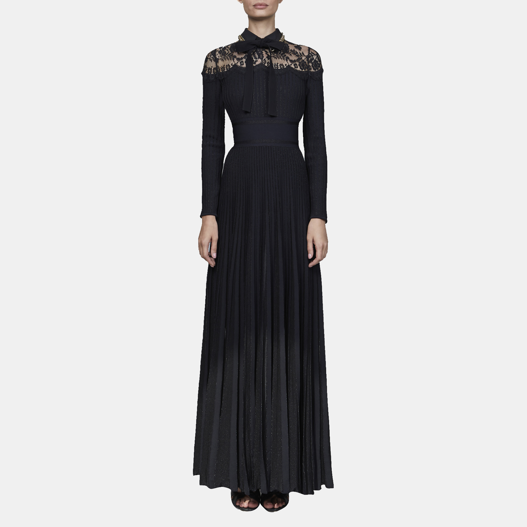 Pre-owned Elie Saab Black Knit And Lace Trim Full Sleeve Long Dress S