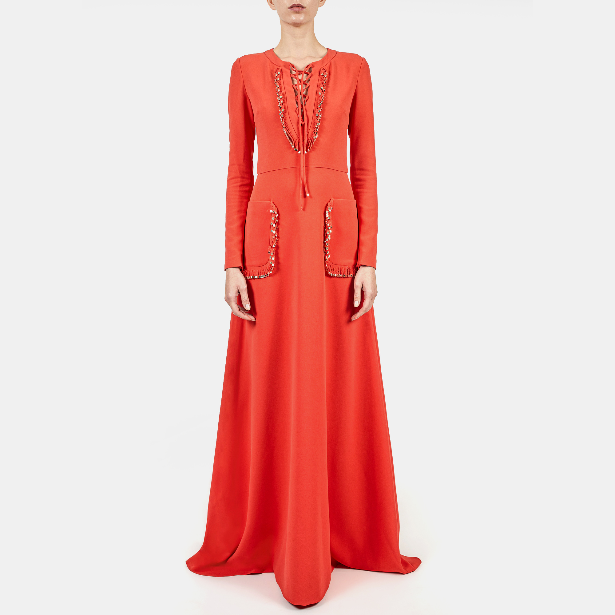 Pre-owned Elie Saab Sunset Orange Cady Criss Cross Tie Long Sleeve Gown L