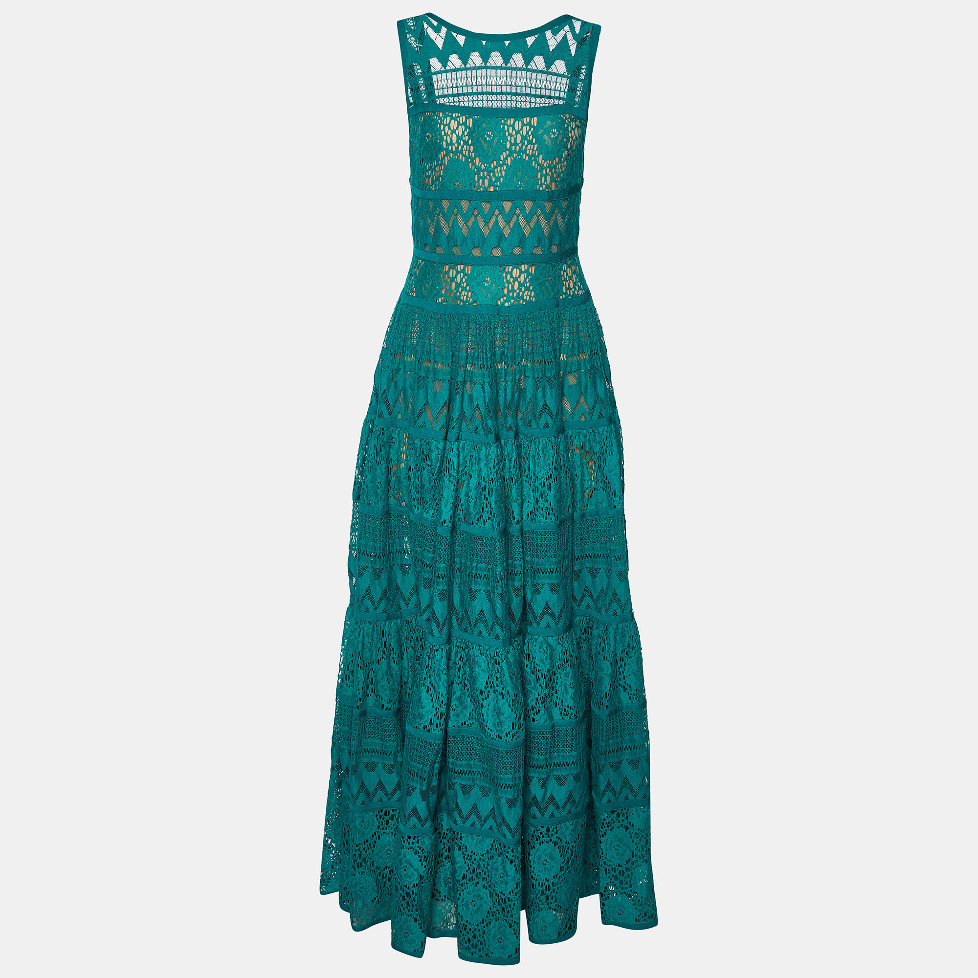 Pre-owned Elie Saab Green Lace Sleeveless Maxi Dress S