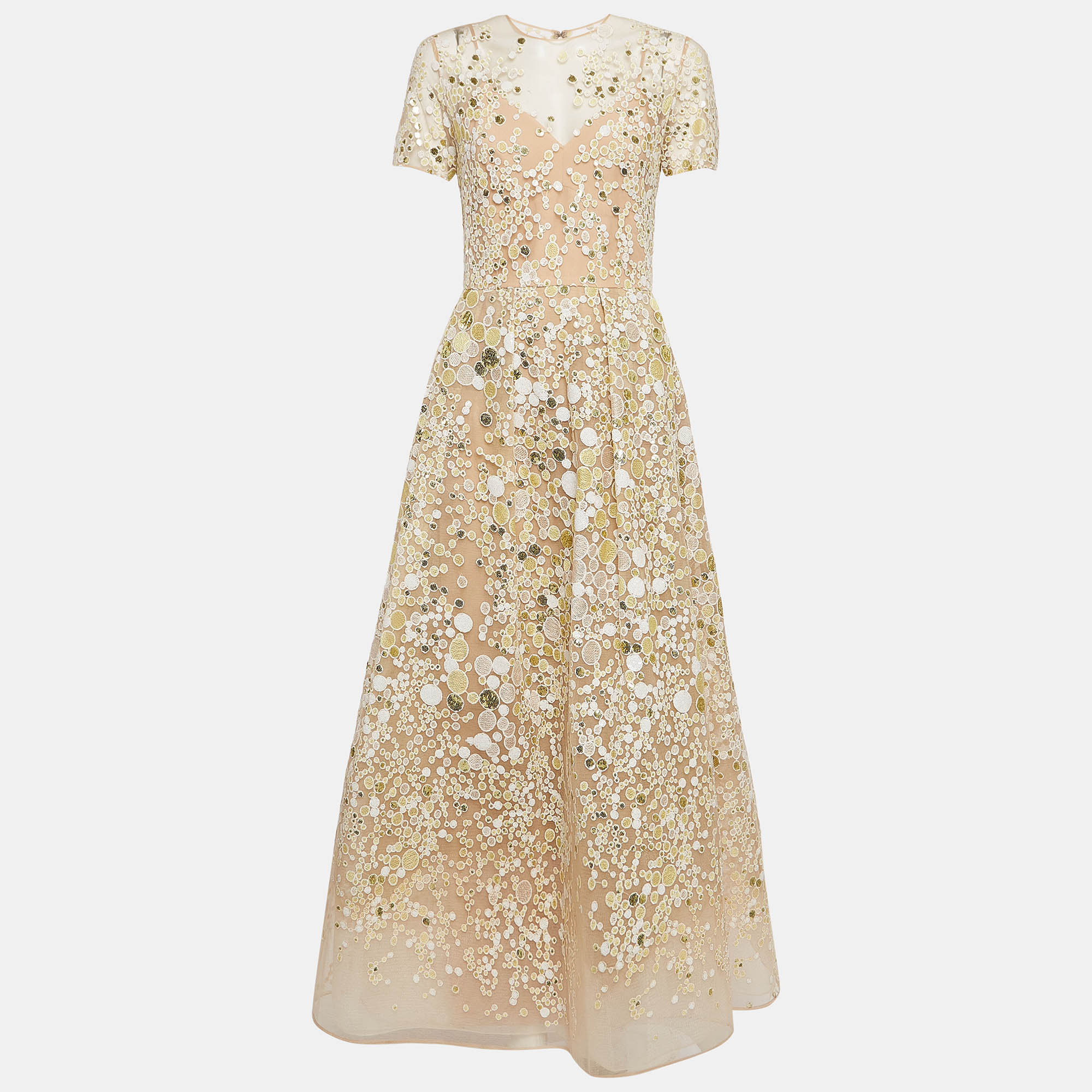 Pre-owned Elie Saab Embroidered Mesh Beige Gown S