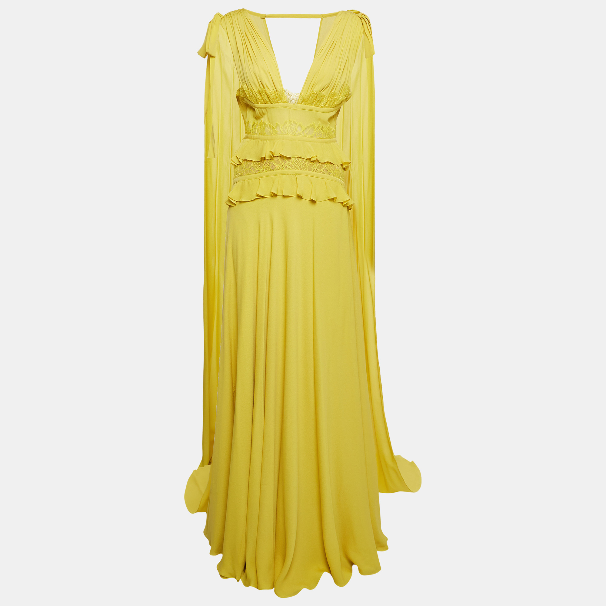 Pre-owned Elie Saab Yellow Silk Blend Lace Insert Ruffled Maxi Dress S