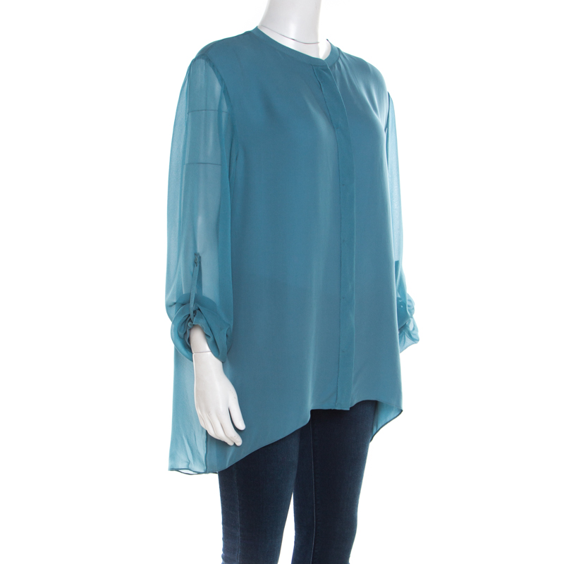 

Elie Tahari Teal Blue Silk Shirttail Hem Alejandra Blouse